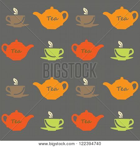 Seamless vector pattern with tea pots and tea cups on a grey background. Vector illustration. Set