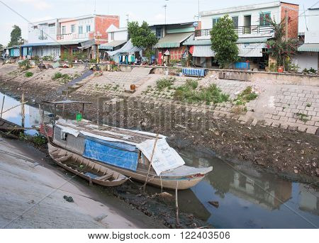 Cao Lanh Vietnam - March 19 2016: Due to El Nino and an increasing number of dams upstream The Mekong Delta is seeing its worst drought in decades with empty waterways and dry rice fields.