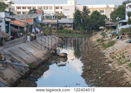 Cao Lanh Vietnam - March 19 2016: Due to El Nino and an increasing number of dams upstream The Mekong Delta is seeing its worst drought in decades with empty waterways and dry rice fields.