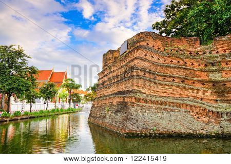 Chiang Mai, Thailand old city ancient wall and moat.