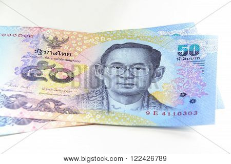 Closed up Thai banknote 50 Baht isolated on white backgroud