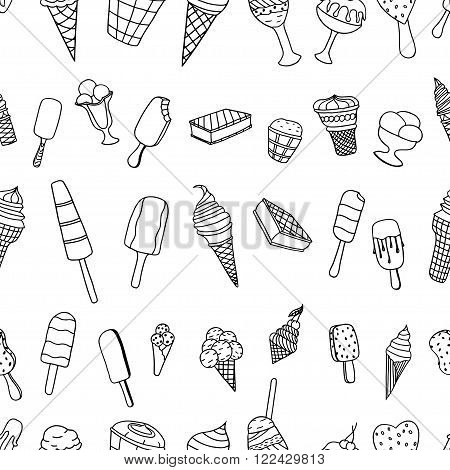 Tasty ice creams seamless pattern. Monochrome Hand drawing sketch vector illustration.