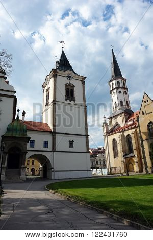 Levoca PRESOV SLOVAKIA -MAY 01 2014: Old historic building and church on the central square in Levoca Slovakia.