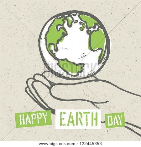 Happy Earth Day Poster. Symbolic Earth in hands on the recycled paper texture. 22 April