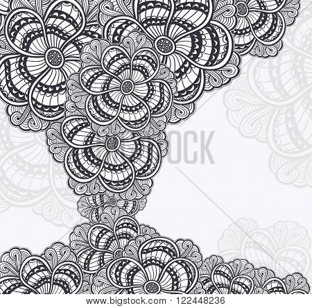 Background with  Zen doodle or Zen tangle flowers black on white for coloring page or relax coloring book or wallpaper or for decorate package clothes or different things