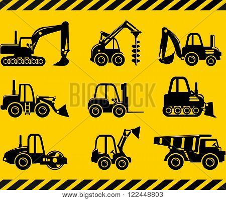 Different kind of toys heavy equipment and machinery isolated on yellow background. Vector illustration.