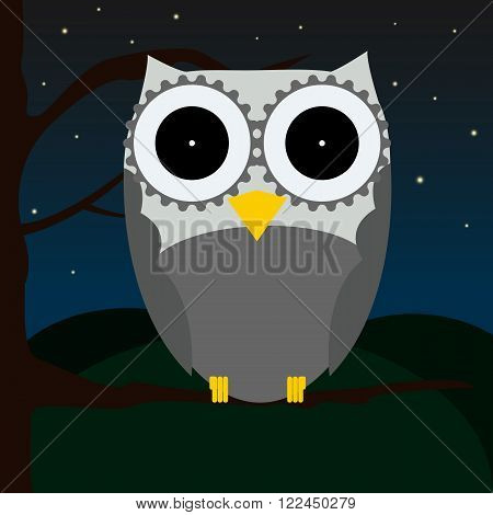 Cute owl sitting on a tree with night sky full of stars and hills as a background, shaped owl, modern,