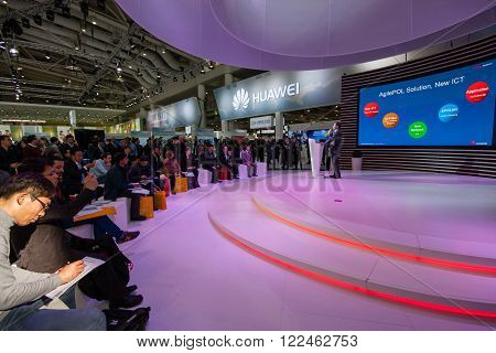 HANNOVER, GERMANY - MARCH 14, 2016: Presentation of Huawei product line president Jeff Wang in booth of Huawei company at CeBIT information technology trade show in Hannover, Germany on March 14, 2016