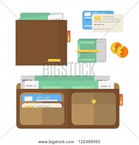 Opened and close wallet with some money, credit cards and coin.Flat style vector illustration.