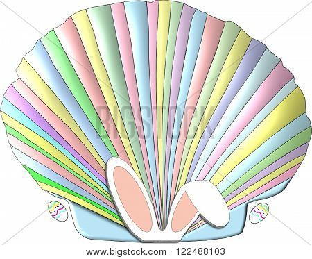 A scallop seashell decorated in the pastel colors of the Easter pink, blue, yellow, and green and adorned with bunny ears and Easter eggs