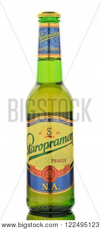 CIRCA MARCH 2016 - GDANSK: Staropramen non alcoholic premium beer isolated on white. Staropramen brewery was founded in Praque in 1869 and at present is second largest brewery in the Czech Republic
