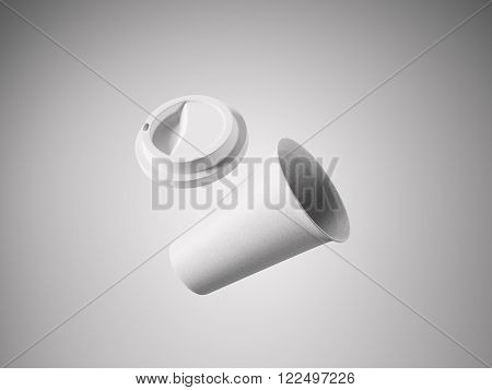 Photo open white paper take away coffee cup. Isolated on the light background. Ready for business info. Horizontal mockup.