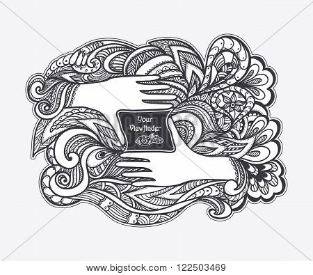 Zen doodle or Zen tangle concept viewfinder in the form of  hands black on white for coloring page or relax coloring book or wallpaper or for decorate package clothes or different things