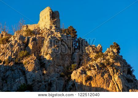 Saint Hilarion Castle, a large castle complex halfway between Kyrenia and Nicosia in Cyprus