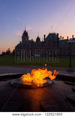 Centennial Flame & Peace Tower in Parliament building complex Ottawa