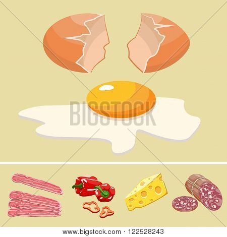 Broken egg and set of ingredients for eggs.