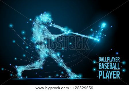 Polygonal ballplayer in motion from flying debris. Bacseball abstract concept vector mesh spheres. Futuristic technology style.