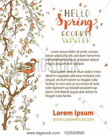 Hello spring! Red blossoms and bird on tree branches. Falling petals. Hand-written brush lettering. There is place for your text on white paper.