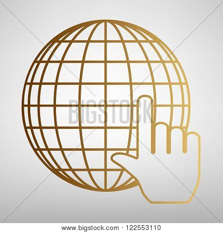 Earth Globe with coursor. Flat style icon with golden gradient