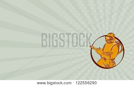 Business card showing Etching engraving handmade style illustration of a sandblaster worker holding sandblasting hose wearing helmet visor viewed from front set inside circle on isolated background.