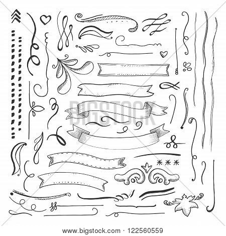 Ink engaved hand drawn decorative elements set on white background