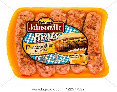 Winneconne, WI -23 Sept 2015: Package of Johnsonville Brats in Cheddar n Beer flavor. An Oktoberfest limited edition.