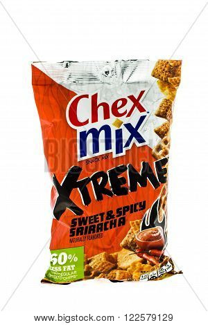 Winneconne WI - 4 February 2015: Bag of Chex Mix Xtreme Sweet & Spicy snack mix. Created in 1985 as pre-packaged and is now owned by General Mills.