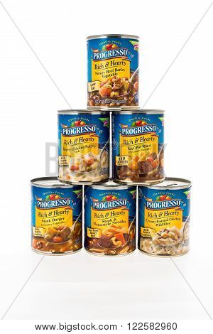 Winneconne WI - 8 February 2015: Cans of Progresso Rich & Hearty style soup in a pyramid shape.