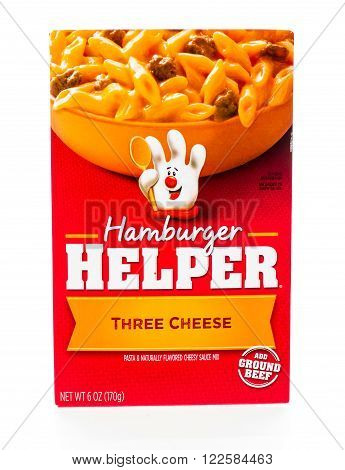 Winneconne WI - 8 February 2015: Box of Hamburger Helper Three Cheese Just add hamburger to complete the meal.