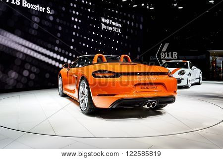Geneva, Switzerland - March 1, 2016: 2016 Porsche 718 Boxster S presented on the 86th Geneva Motor Show in the PalExpo