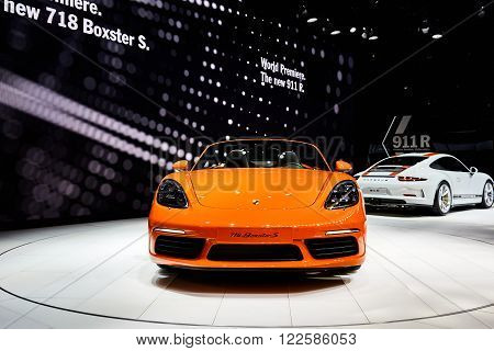 Geneva, Switzerland - March 1, 2016: 2016 Porsche 718 Boxster S presented on the 86th Geneva Motor Show in the PalExpo