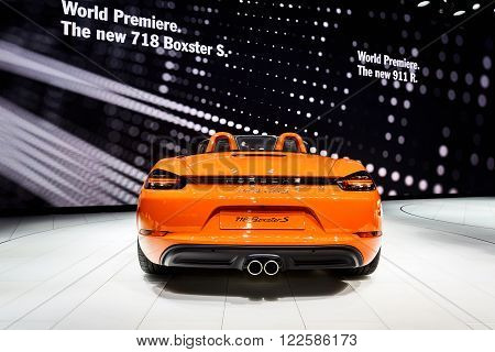 Geneva, Switzerland - March 1, 2016: 2016 Porsche 718 Boxster S presented on the 86th Geneva Motor Show in the PalExpo