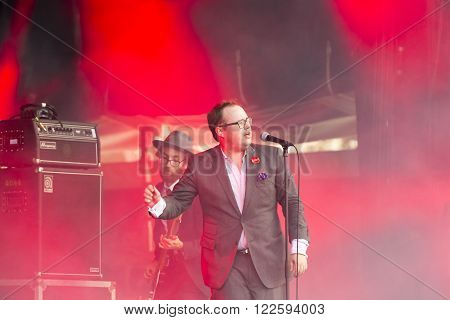 Editorial documentary  France Evreux June 24 2015. Goup ST PAUL AND THE BROKEN BONES. Leader Paul Janeway.   Festival Rock dans tous ses etats. Concert festival music pop rock outside group party light  France