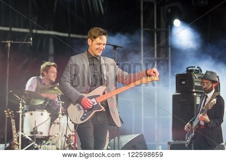 Editorial documentary  France Evreux June 24 2015. Goup ST PAUL AND THE BROKEN BONES. Leader Paul Janeway.   Festival Rock dans tous ses etats. Concert festival music pop rock outside group party light  France