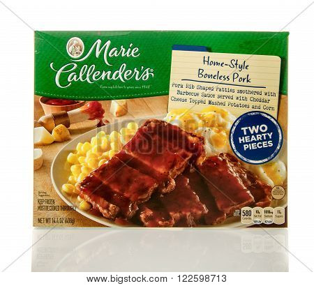 Winneconne WI - 7 Feb 2016: Box of Marie Callender's meal in Home-style bonelss pork flavor.