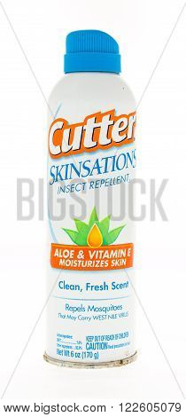 Winneconne WI - 20 April 2015: Spray can of Cutter Skinsations insect repellent containing aloe and vitamin E.