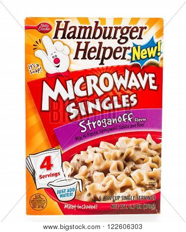 Winneconne WI - 8 February 2015: Box of Hamburger Helper Stoganoff microwave singles Just water to complete the meal.