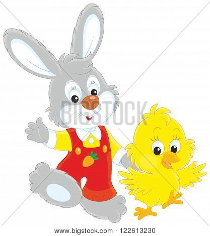Bunny and Chick walking together and waving in greeting