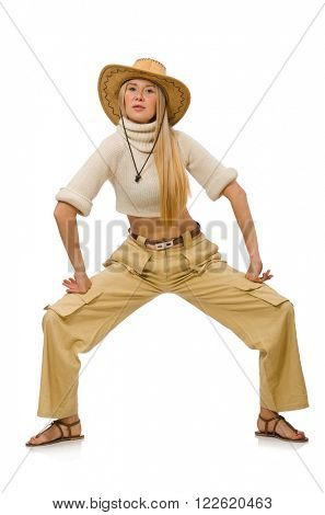 Pretty woman in beige trousers isolated on white