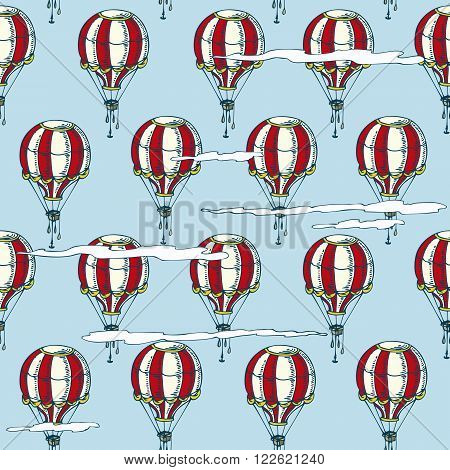 Seamless Vector Pattern. Red and White Balloons on a Blue Background with White Clouds
