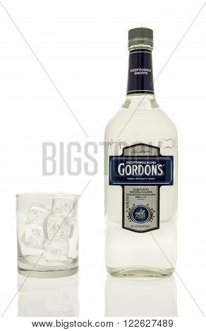 Winneconne WI - 15 March 2016: A bottle of Gordon's vodka with a glass of ice