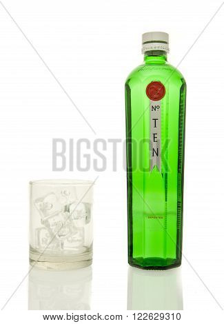 Winneconne WI - 19 March 2016: A bottle of Tanqueray ten gin with a glass of ice.