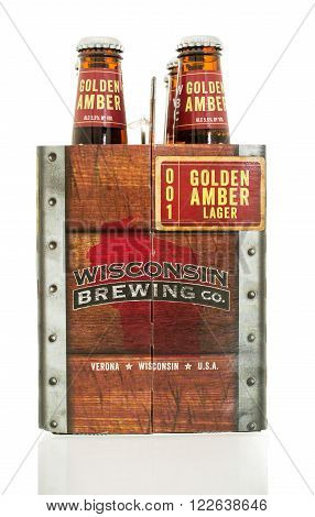 Winneconne WI - 10 Feb 2016: Six pack of Golden Amber lager made by Wisconsin Brewing Company.