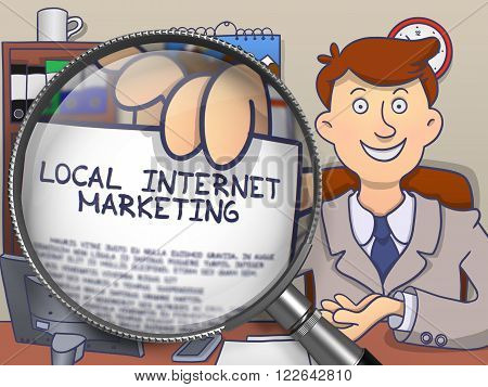 Local Internet Marketing on Paper in Man's Hand through Lens to Illustrate a eBusiness Concept. Colored Doodle Illustration.