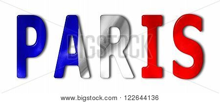 Paric word with a bevelled French flag texture on an isolated white background with a clipping path with and without shadows