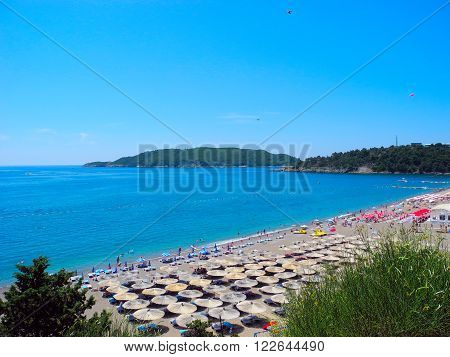 Top view of the beach in Becici Montenegro.