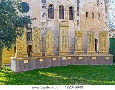 JERUSALEM ISRAEL - FEBRUARY 16 2016: The Armenian cross-stones (Khachkars) in front of the Armenian Patriarchate's seminary on February 16 in Jerusalem