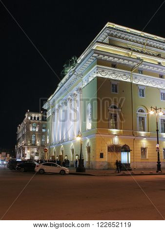 St. Petersburg, Russia - 24 January, Alexandrinsky Theatre at Ostrovsky square, 24 January 2016.
Types of night in St. Petersburg.