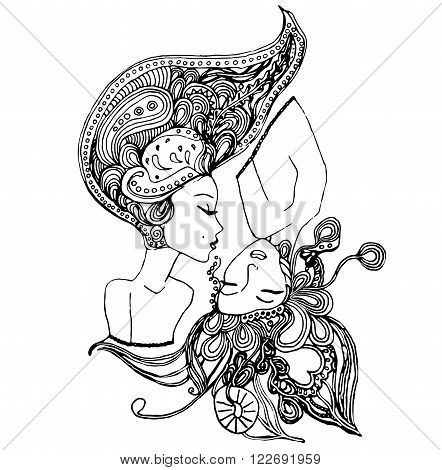 vector girls in doodle style with gorgeous hairs on white background. Can be used as card, invitation, background element, adult coloring book. Hand drawn style. Zentagle.