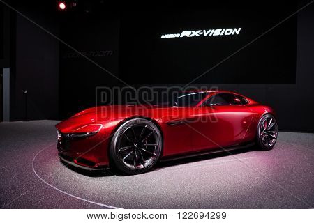 GENEVA, SWITZERLAND - MARCH 1: Geneva Motor Show on March 1, 2016 in Geneva, Mazda RX-Vison Concept, front-side view